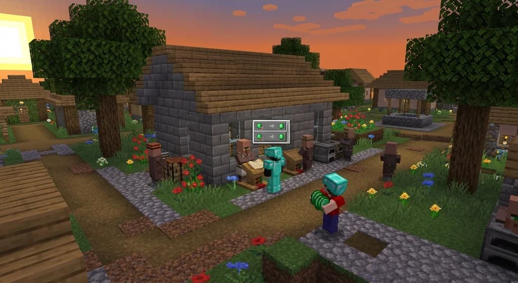 Two players trading with villagers in a stone brick trading hall at sunset, with job site blocks and emeralds visible.