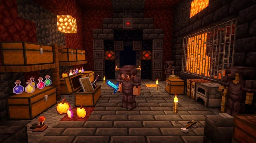 Minecraft player preparing for a boss fight with netherite armor, potions, and golden apples before a boss door.