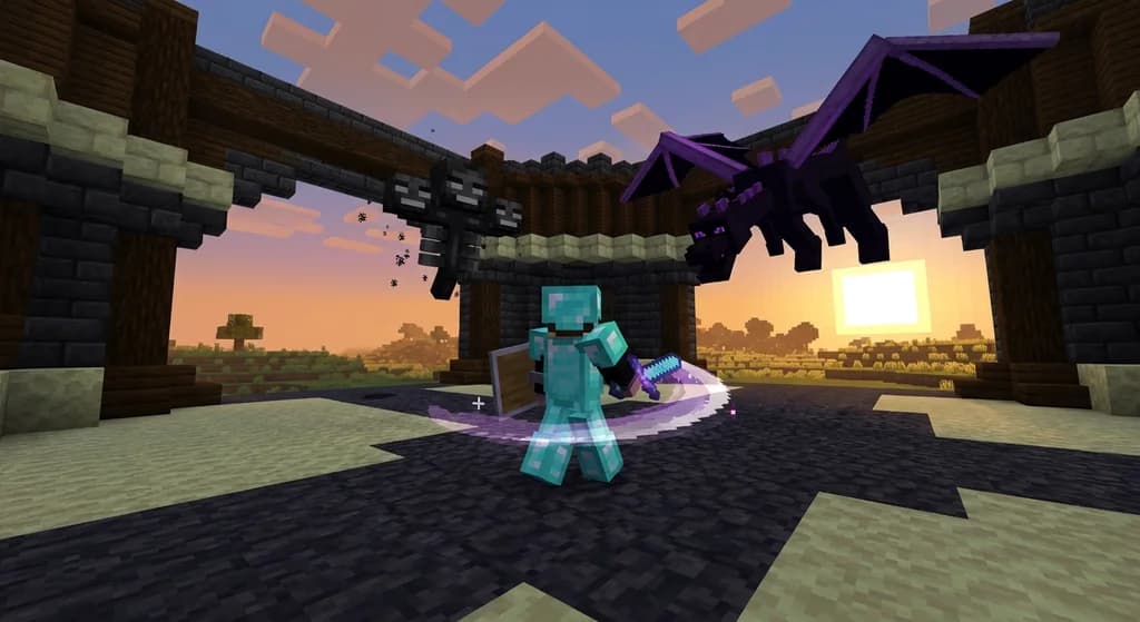 A player in diamond armor with a sword and shield faces a Wither and Ender Dragon in a deepslate arena at sunset.