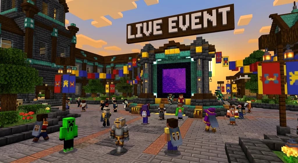 A screenshot of a Minecraft live event server hub with multiple players and decorative banners, showing the community gathering for an official event.
