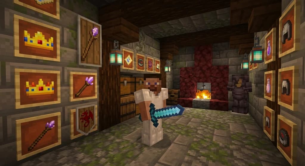 Minecraft player holding a custom model data sword with glowing effects, surrounded by item frames displaying custom-textured items.