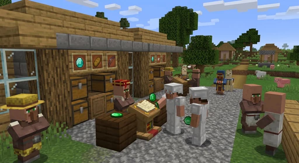 Bustling Minecraft village marketplace with villagers and player trading stalls
