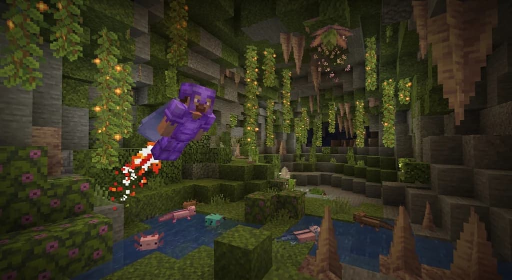 A Minecraft player flying through a lush cave with an elytra, leaving a trail of firework particles.