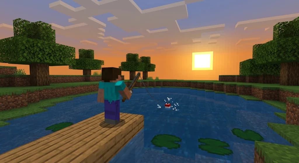 Player fishing from a dock with bobber on water, sunset lighting.