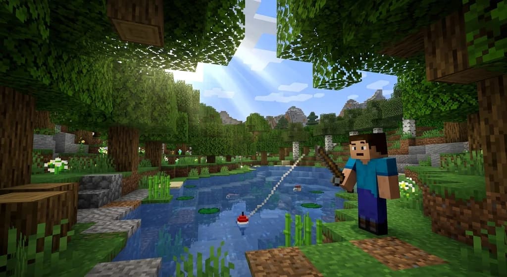 Player fishing with bobber in water under tree canopy looking puzzled