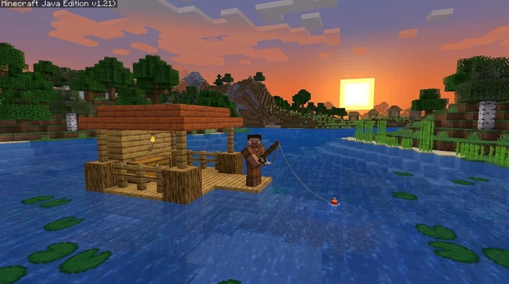 Player fishing from a wooden hut over a lake at sunset, bobber floating on water