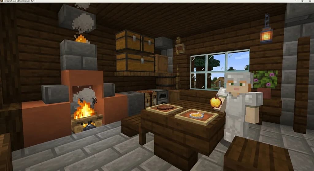 Minecraft player in a kitchen with steak, honey bottle, and golden apple.