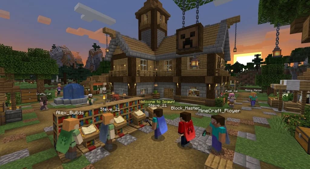 Minecraft Forum community hub with volunteer moderators gathering at a build inspired by the forum's spirit, featuring lecterns, banners, and player interactions.
