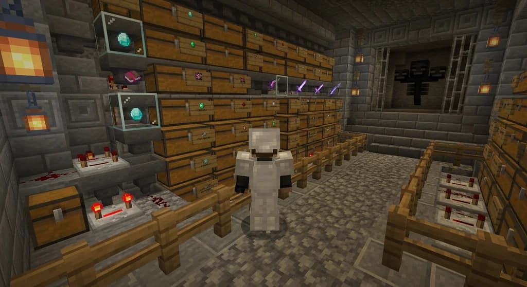A Minecraft player using an advanced loot filter system in a sorting room, with enchanted items and rare drops highlighted.
