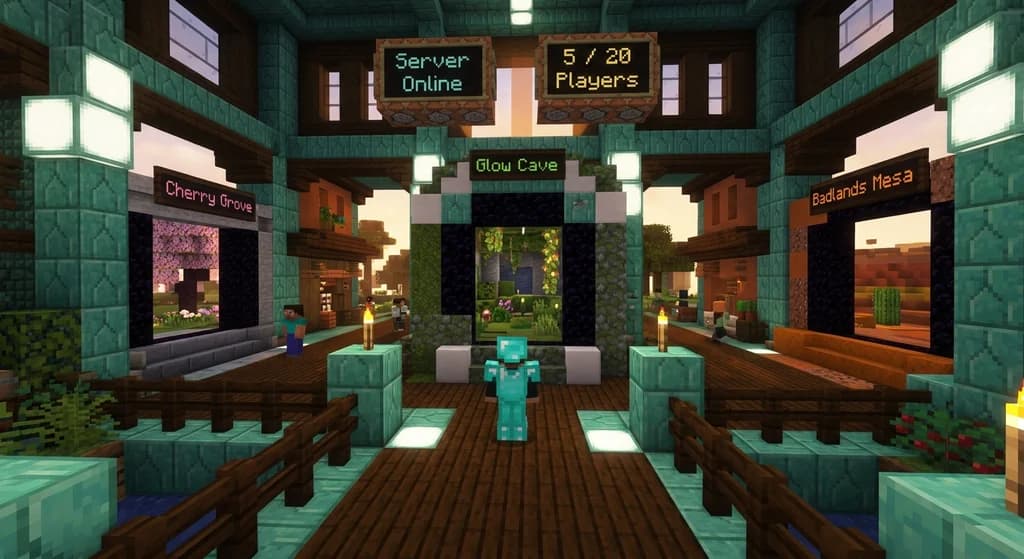 A Minecraft player in a modded server hub with portals to different biomes