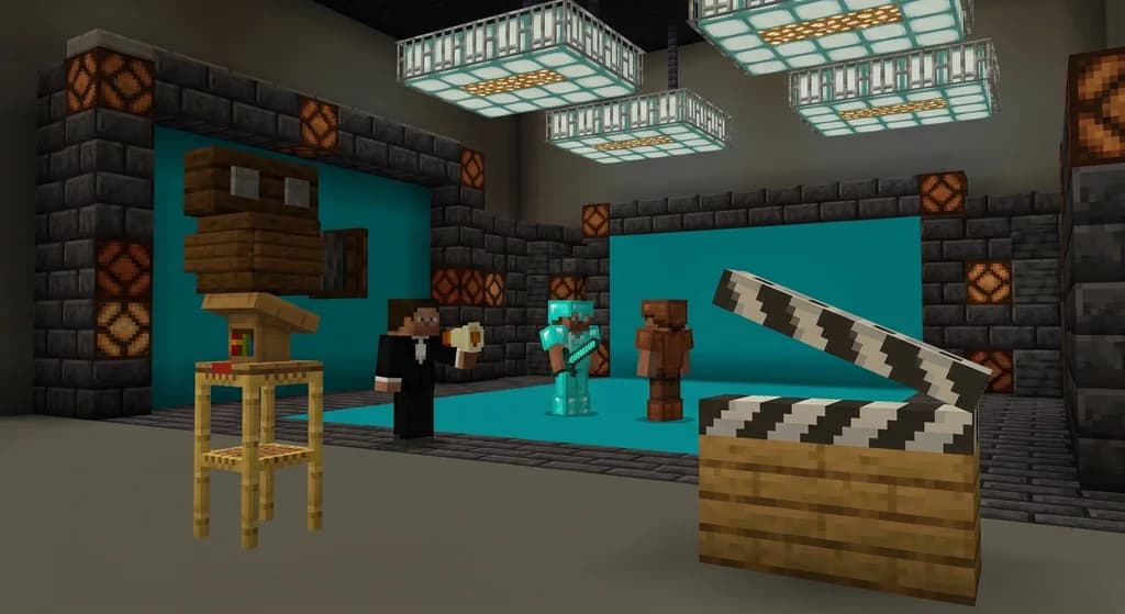 Minecraft movie build challenge scene with block-built camera and actors on a soundstage.