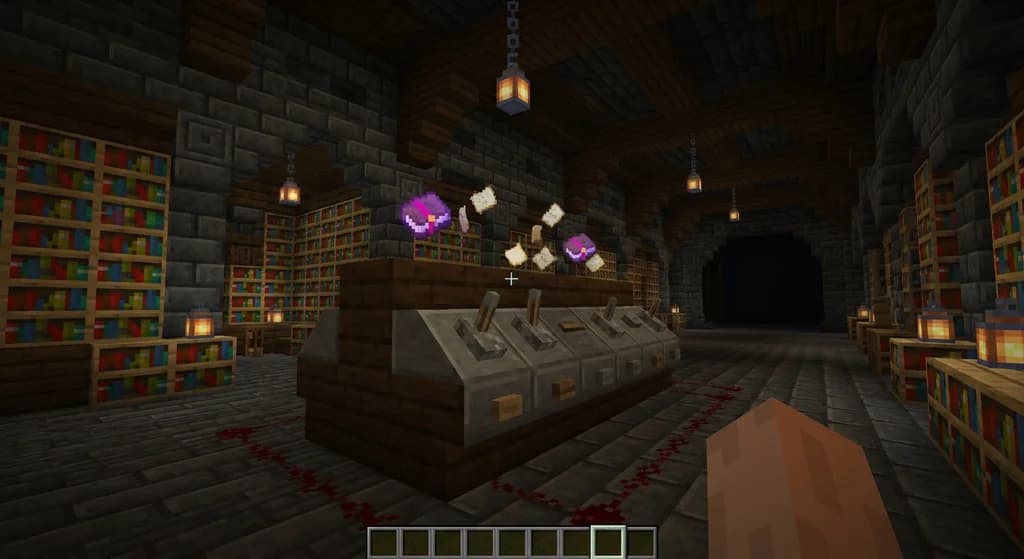 A player interacts with a glowing redstone console in a deepslate library, surrounded by floating books representing game options.