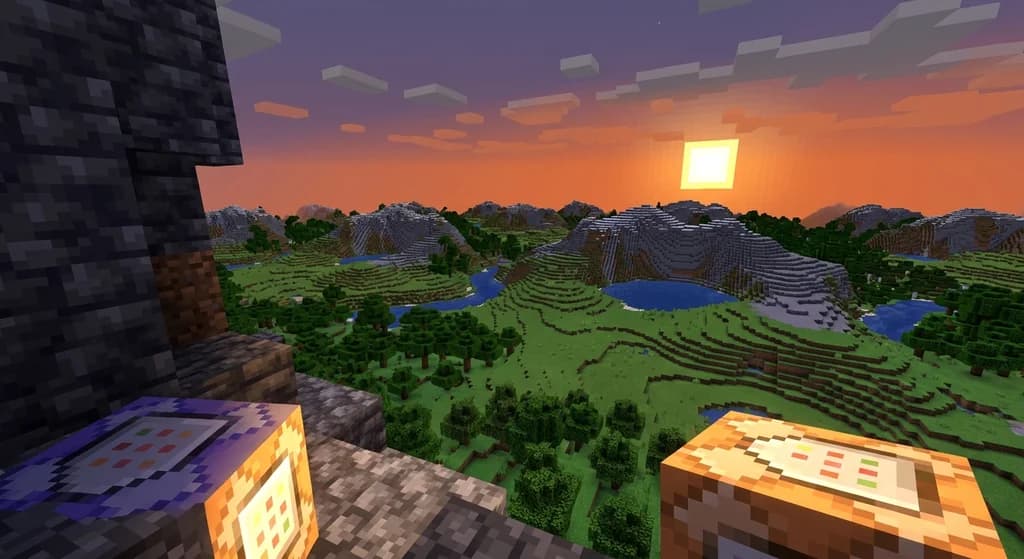 Minecraft world with anomalous diagonal feature repetition and a command block showing the /random command, sunset lighting.