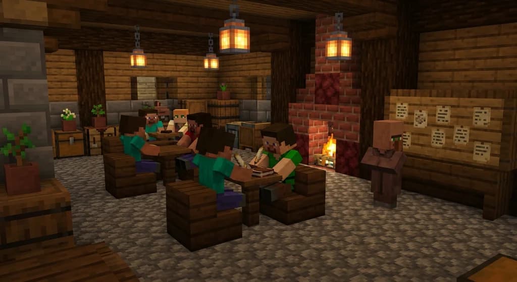Minecraft roleplay character backstory: A player writes a backstory in a cozy tavern with other roleplayers and quest NPCs.