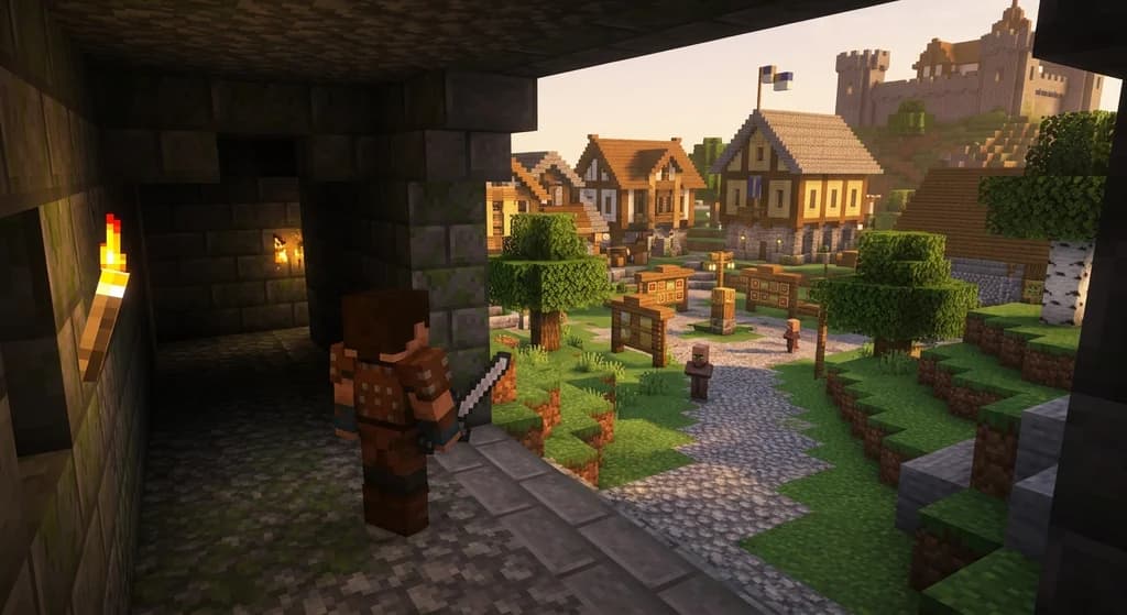 A player in studded leather armor at a dungeon entrance, with a cobblestone path leading to a sunlit medieval Minecraft MMORPG town at sunset.