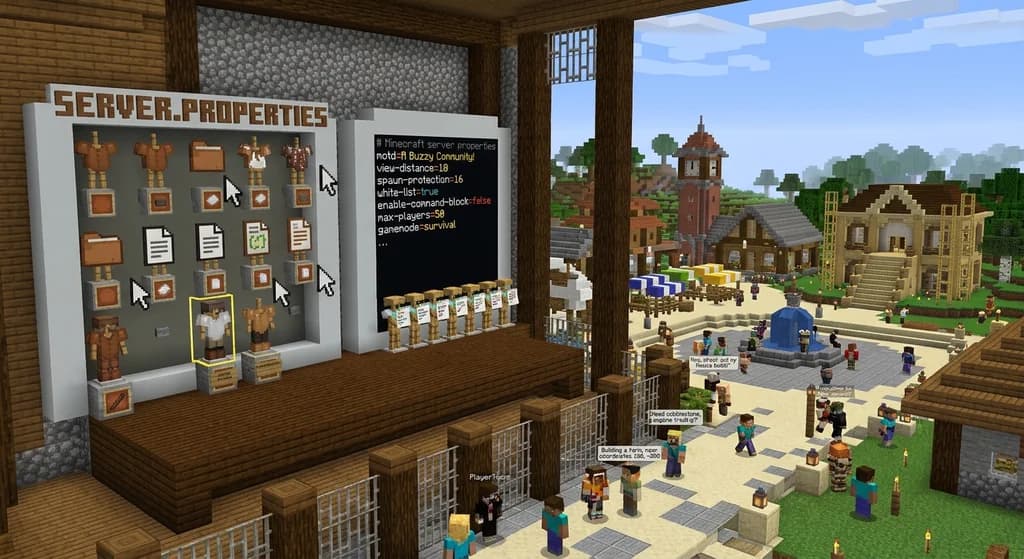 server.properties file selected in a file explorer next to an editor window showing key=value settings, with a Minecraft community server scene in the background.
