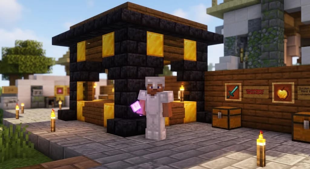 Minecraft server spawn with a voucher redemption kiosk where a player holds a glowing paper voucher near custom items displayed in item frames.
