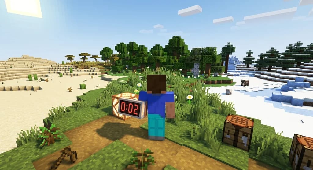 Minecraft speedrunner at spawn deciding to reset, highlighting efficient speedrun reset strategy.