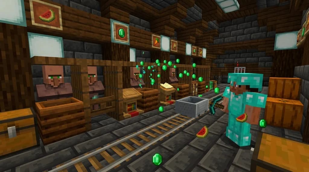 A Minecraft player trades melons and pumpkins with cured farmer villagers inside a spruce and deepslate trading hall, earning stacks of emeralds.