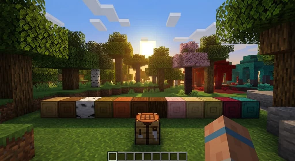 A row of all 12 Minecraft wood block types arranged on the ground in front of a crafting table, with a forest background.