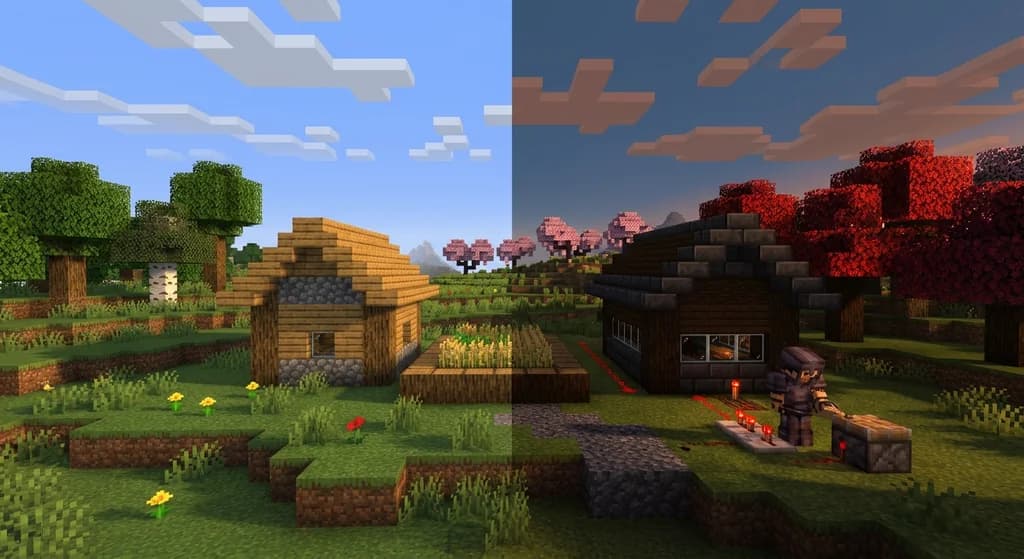 Split Minecraft landscape comparing default textures with a custom resource pack and modded gameplay elements.