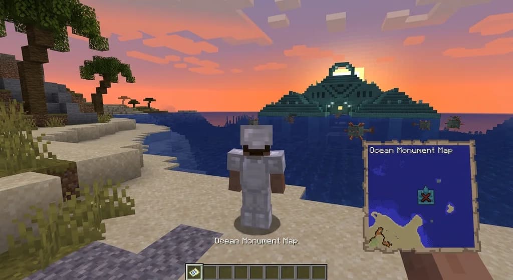 Player holding an Ocean Monument Map near an ocean monument with guardians at sunset