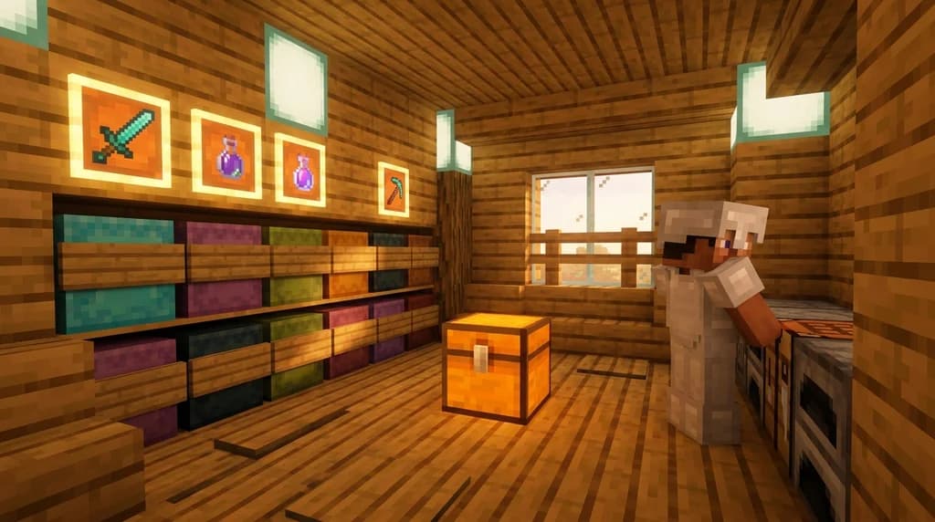 Minecraft player organizing inventory in an MMORPG storage room with shulker boxes and an ender chest