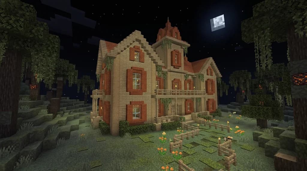 A pale oak mansion in the pale garden biome at night, showcasing pale moss, glowing eyeblossoms, and resin brick details.