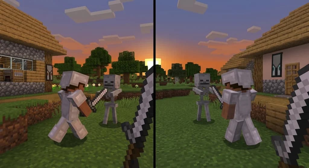 Split scene comparing Java and Bedrock Editions: Java shows directional damage tilt with screen tilting away from a skeleton, Bedrock shows non-directional tilt to the left. Background includes a loom and banners in Java, different banners in