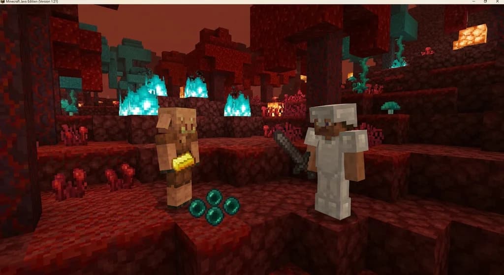 Player trading gold ingot with a piglin in the Nether for ender pearls.