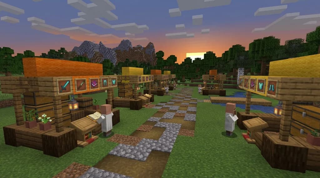 A lively Minecraft shopping district with player stalls and villagers trading, set at sunset with mountains in the background.