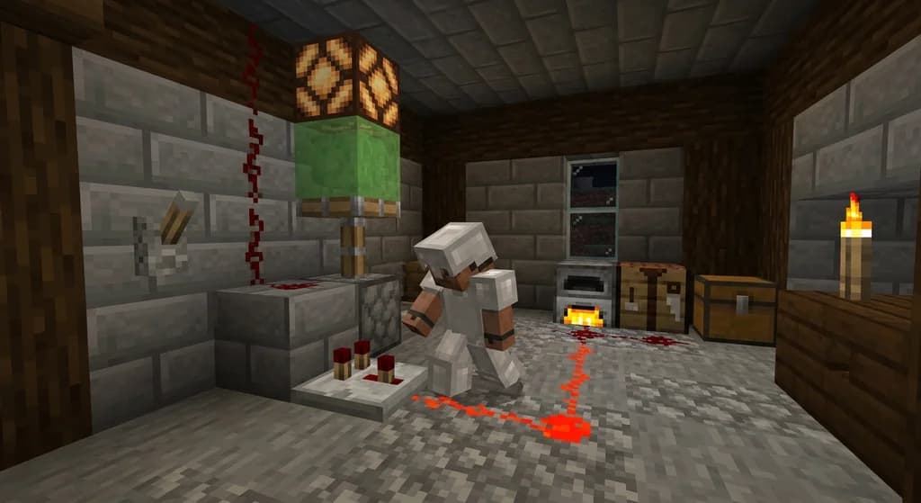 A player working on a redstone circuit in a stone brick room, with redstone dust, lever, piston, and redstone lamp.
