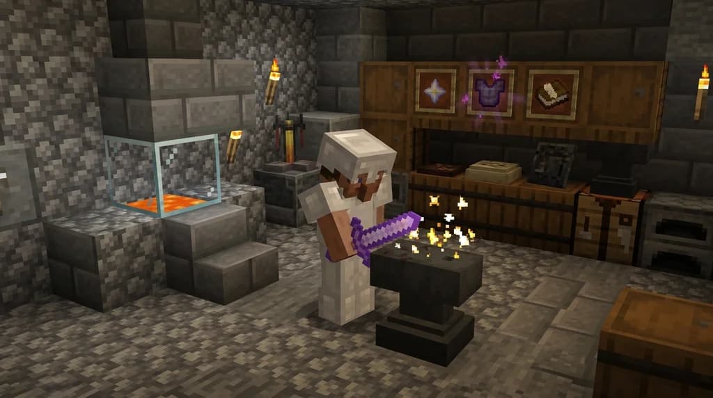 A Minecraft player repairing a glowing custom sword at an anvil inside a stone forge, surrounded by rare items and lava lighting.