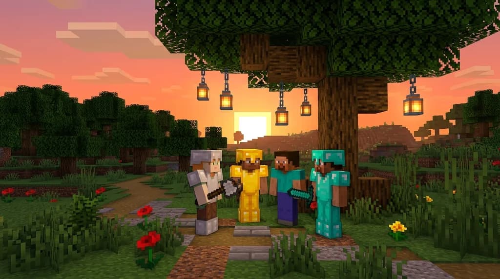 Two Minecraft players arguing in a field with a mediatior under a lantern-lit tree at sunset.