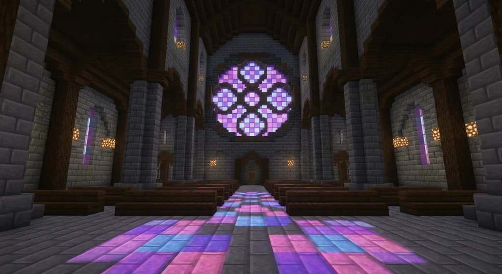 A Minecraft cathedral with a colourful stained glass rose window framed by deepslate, sunlight streaming through.