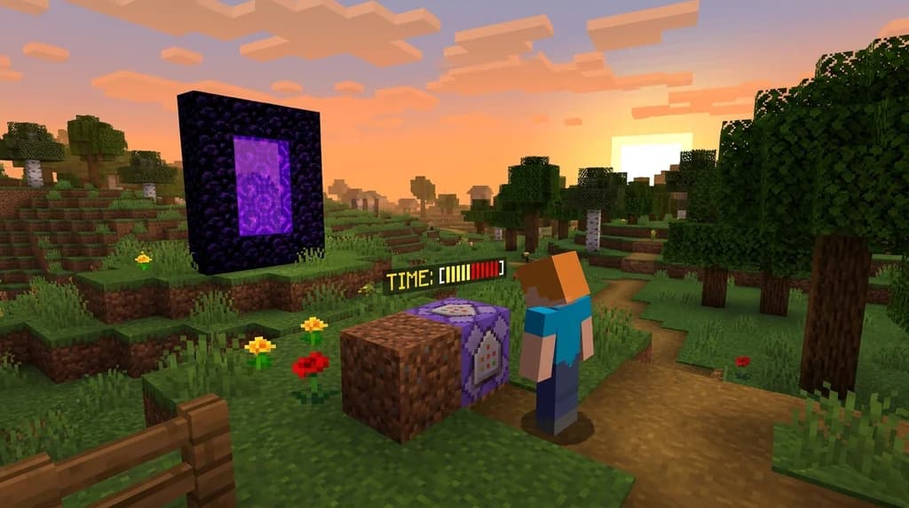 Minecraft speedrunner at world spawn with a floating timer and glowing nether portal in the background, ready to submit a record run.