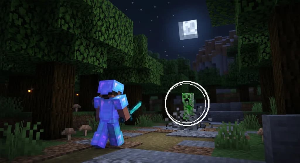 Minecraft hardcore player in enchanted netherite armor facing an exploding creeper in a dark oak forest.