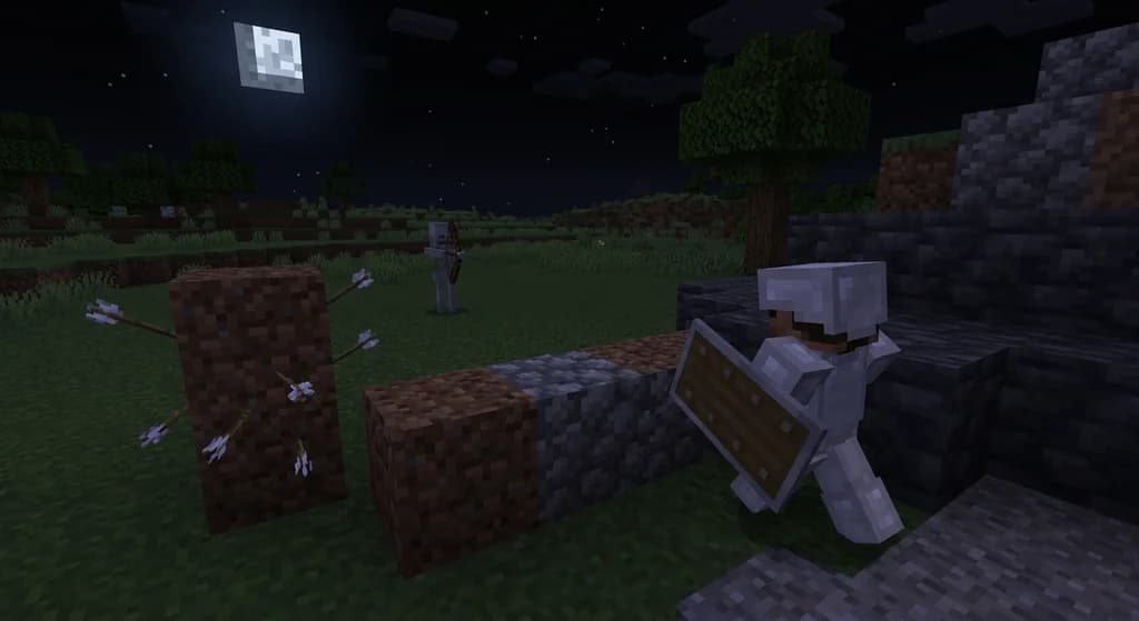 Player using cover to avoid skeleton arrows in a hardcore Minecraft world.