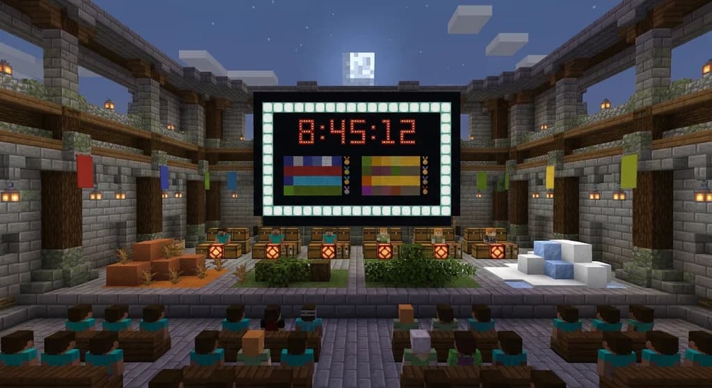 A Minecraft arena with a speedrunning tournament stage, biome decorations, and a crowd of players watching the competition.