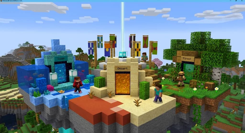 A Minecraft player standing before a glowing server portal with multiple biome-themed gateways in the background