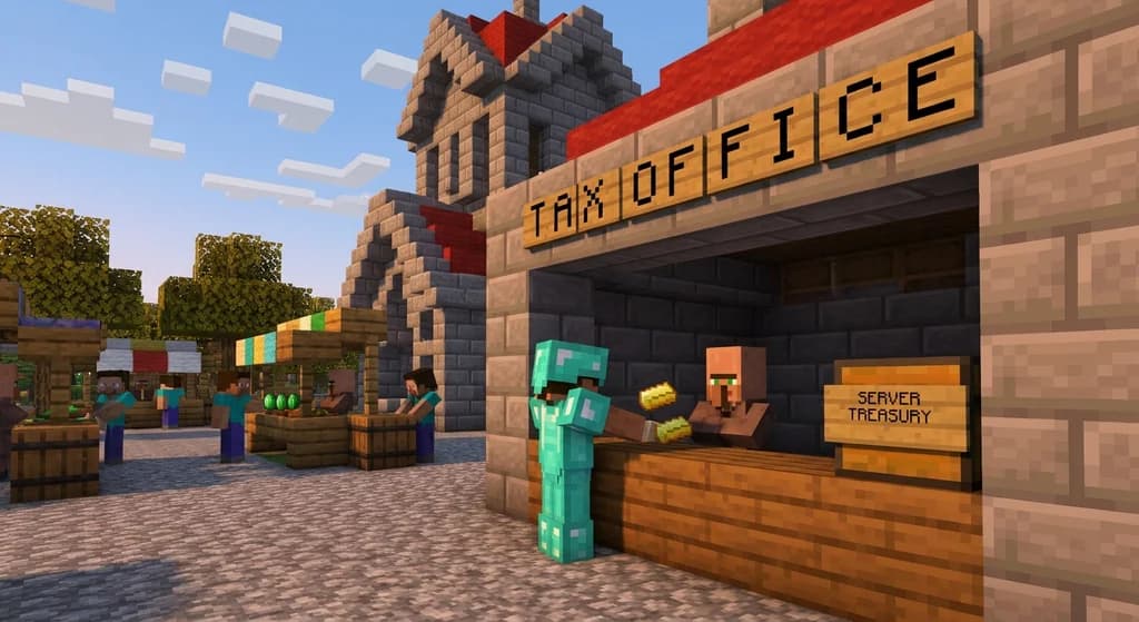 Minecraft server spawn with tax office building, player paying taxes to a villager at a counter, and a server treasury chest.
