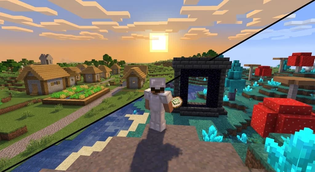 Split Minecraft landscape showing vanilla plains on one side and a modded fantasy dimension with crystals and giant mushrooms on the other, player in iron armor at the center.