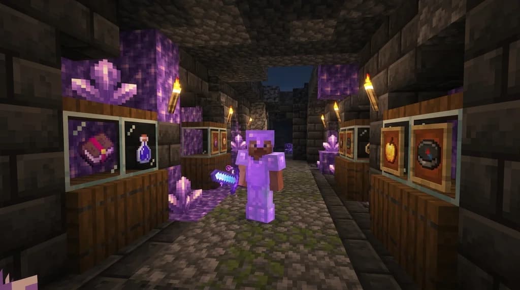 A Minecraft player discovers hidden passives on a custom sword inside a dungeon.