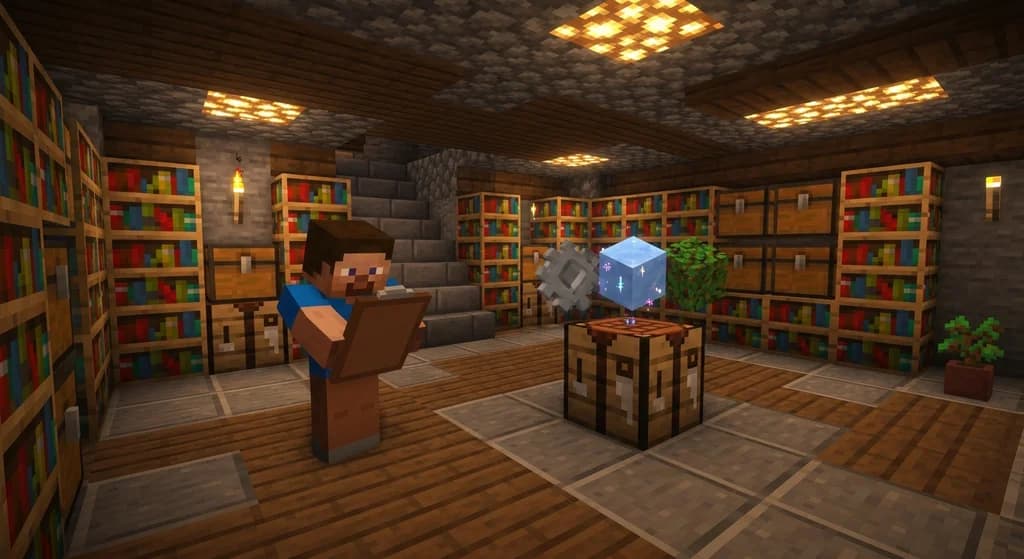 A Minecraft player in a workshop assembling a custom modpack from base component mods.