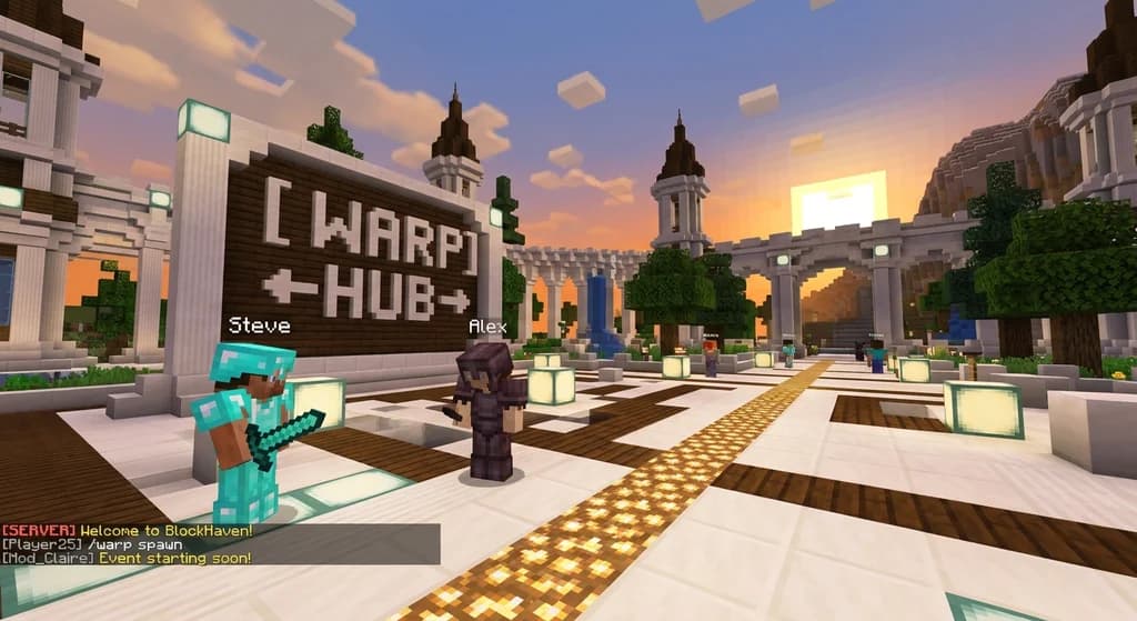 A Minecraft server hub with a warp sign and players using the Verity plugin's warp feature, showing a clean, organized spawn area.