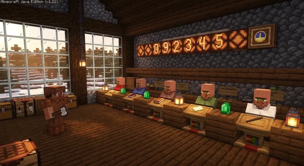 Minecraft speedrunner trading with villagers in a hall