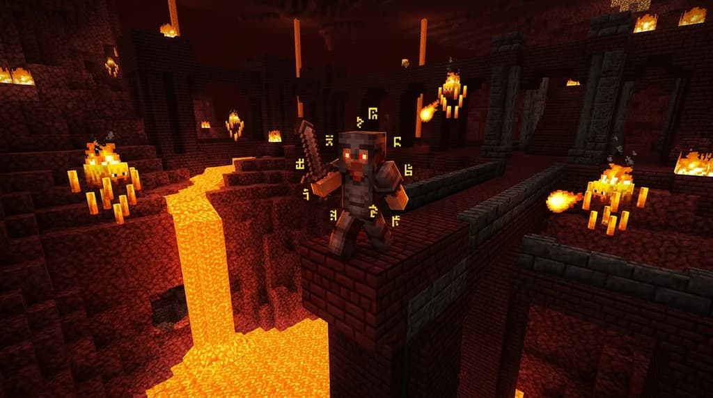 A Minecraft player in Netherite armor inside a Nether fortress with glowing soulbound runes on their gear, surrounded by blazes and lava pools.
