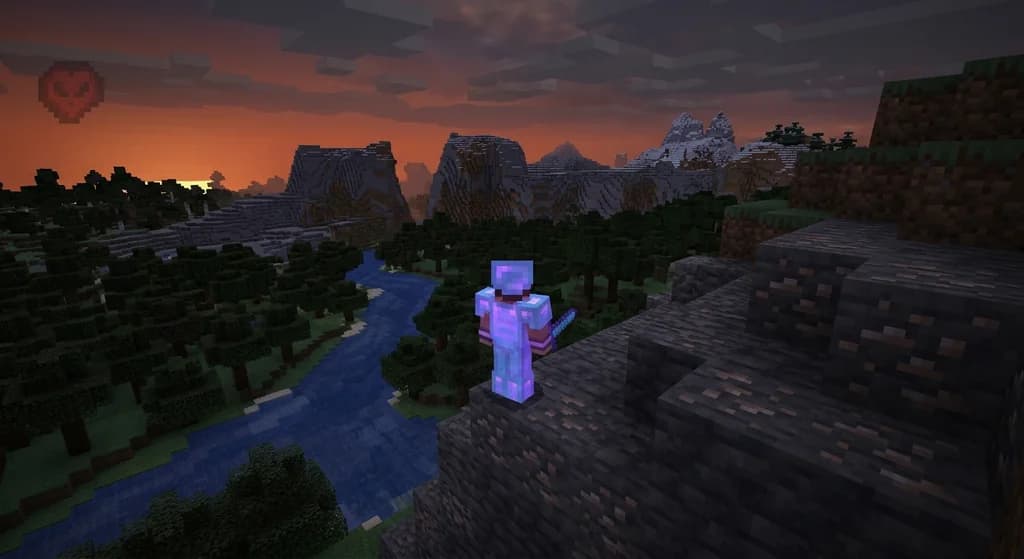 A Minecraft player in diamond armor overlooking a dangerous landscape in Hardcore mode, with a red skull HUD icon in the top left.
