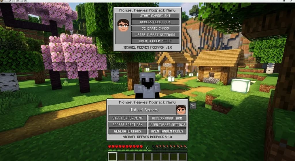 Minecraft player standing in forest with Michael Reeves modpack interface visible, representing the lightweight vanilla-enhanced modpack.