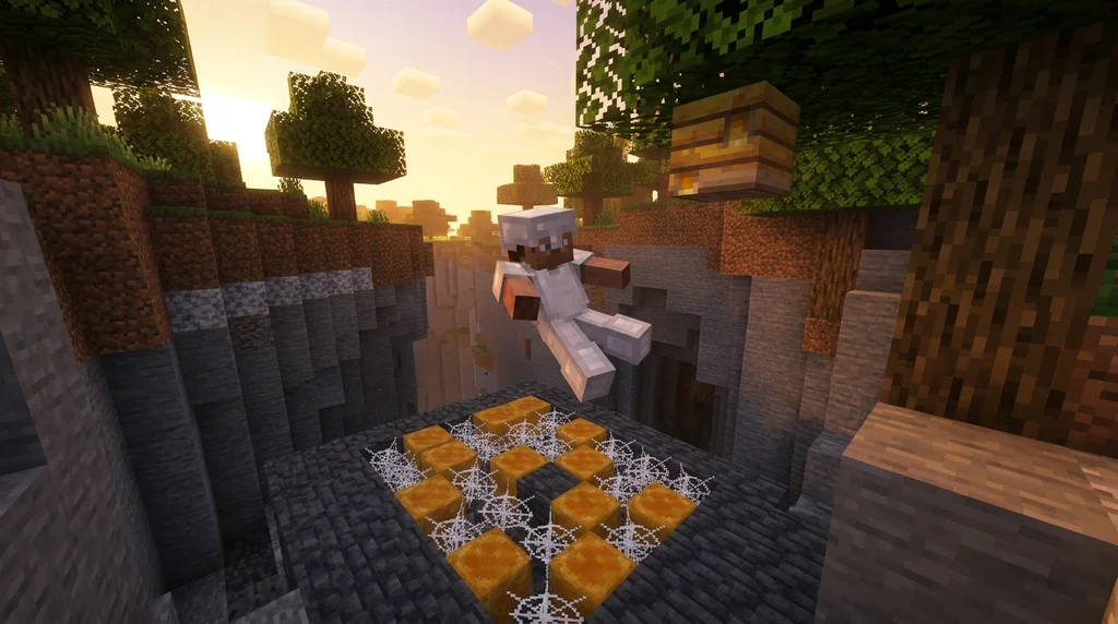 Fall Damage Reduction with Cobwebs and Honey Blocks supporting Minecraft scene 1